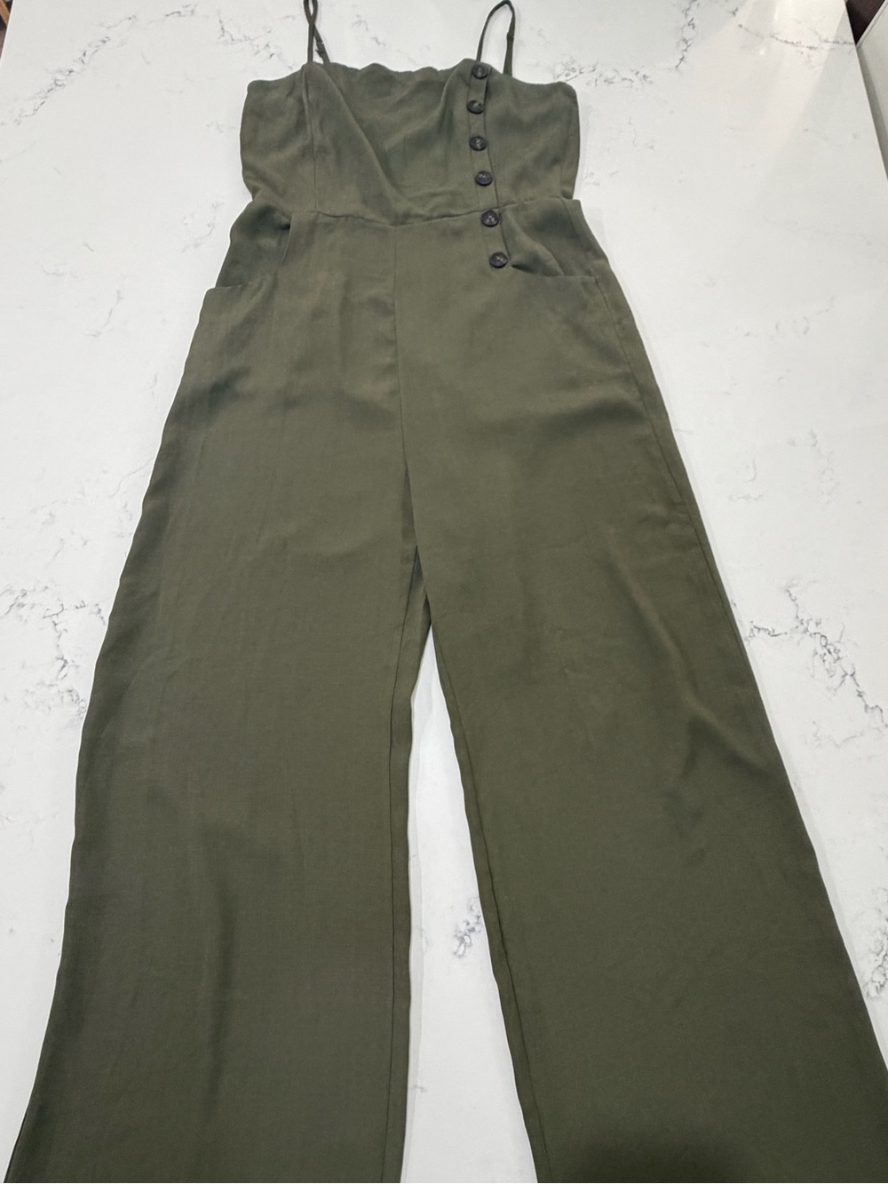Olive Green Side Button Wide Leg Jumpsuit Spaghetti Strap Sz M